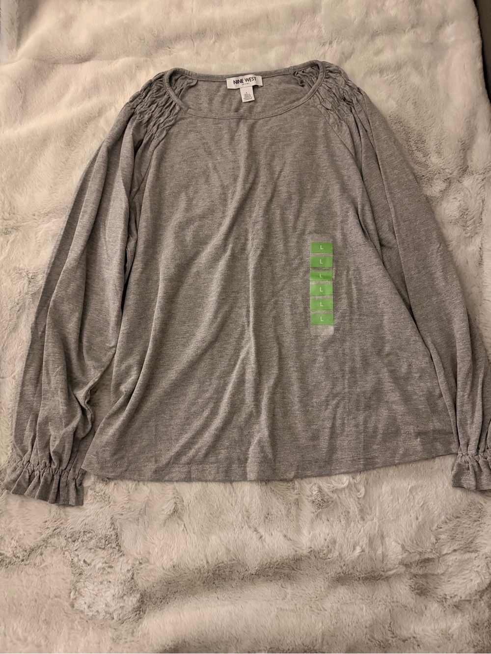 Nine West Gray Long-Sleeve Ruched Shoulder Top